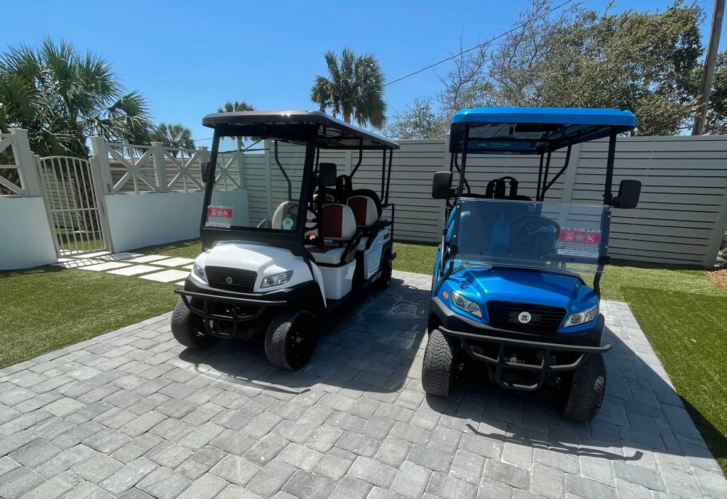 Two of our golfcarts - we have the best golf cart rentals in Santa Rosa Beach, FL.